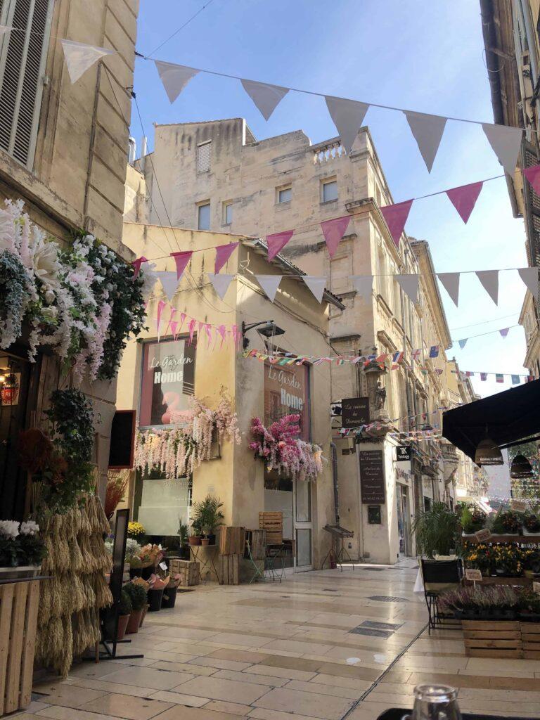 beautiful street of avignon with banners and flowers