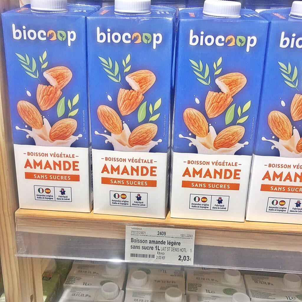 biocoop vegan supermarket in france seling almond milk